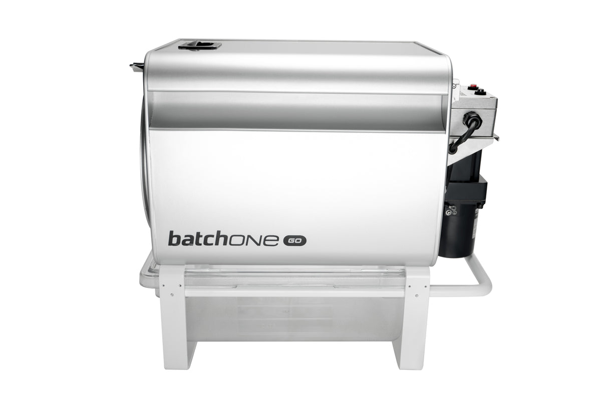 Light gray batchone go unit with side controls and hinged front stand