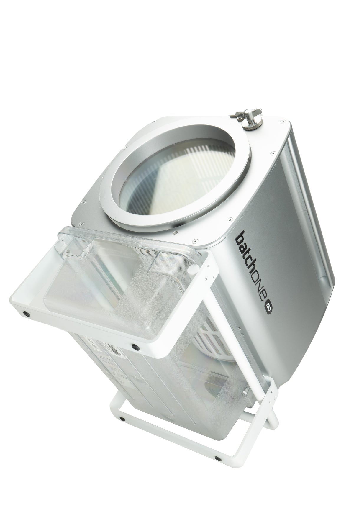 White and light gray batchone go unit with round front intake window
