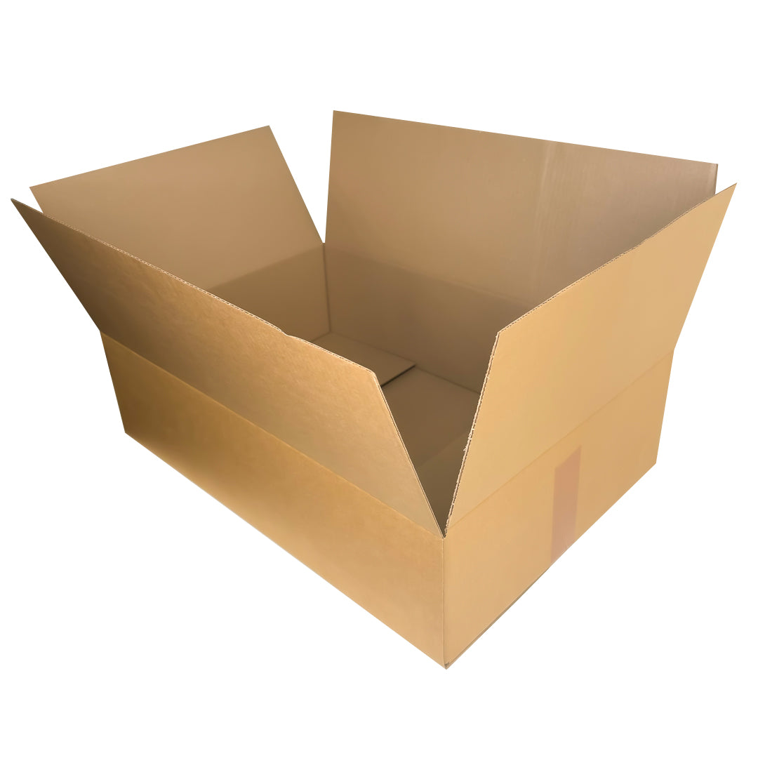 Open empty cardboard soil box with brown paperboard flaps