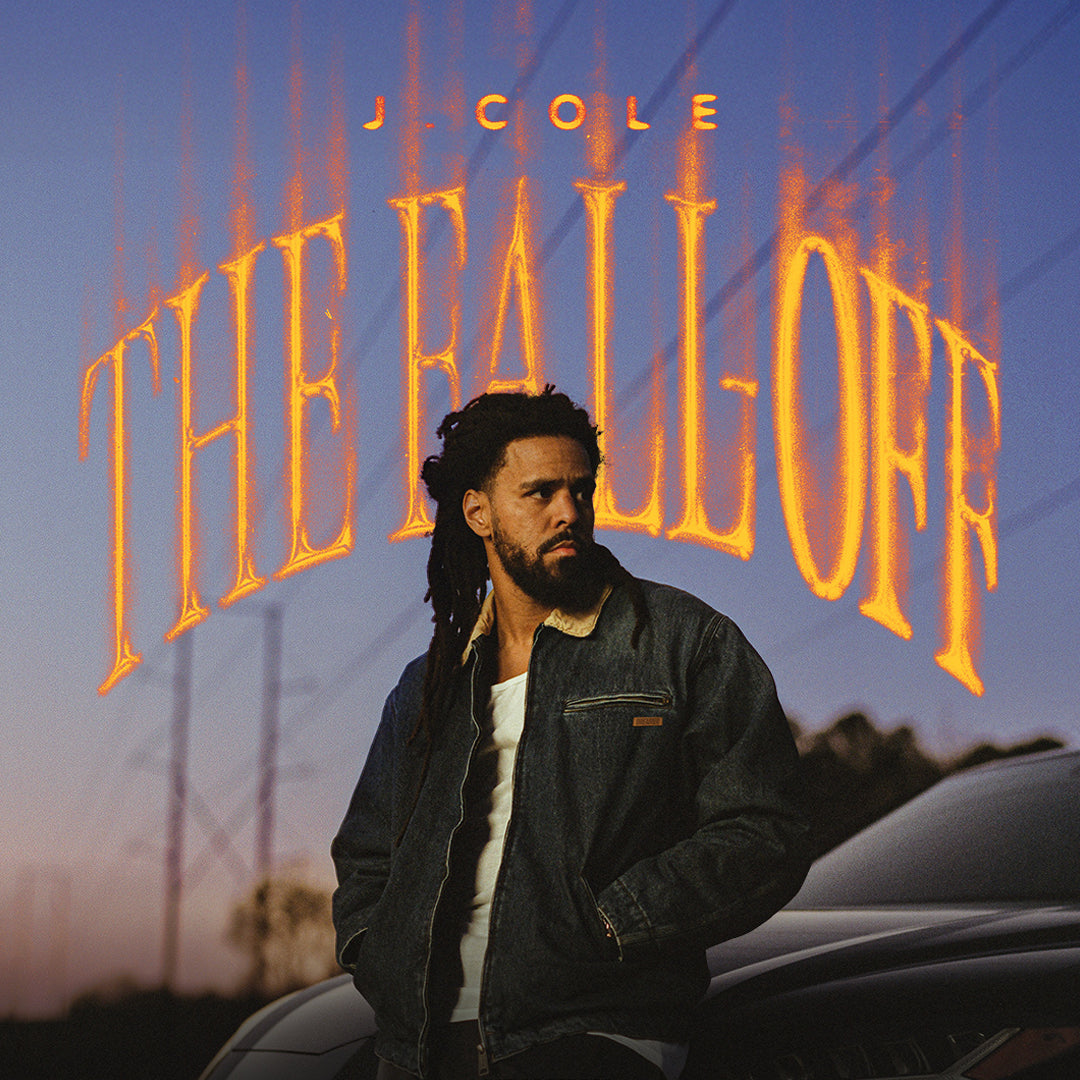 J. Cole concert tour poster with performer in dark jacket and orange lettering
