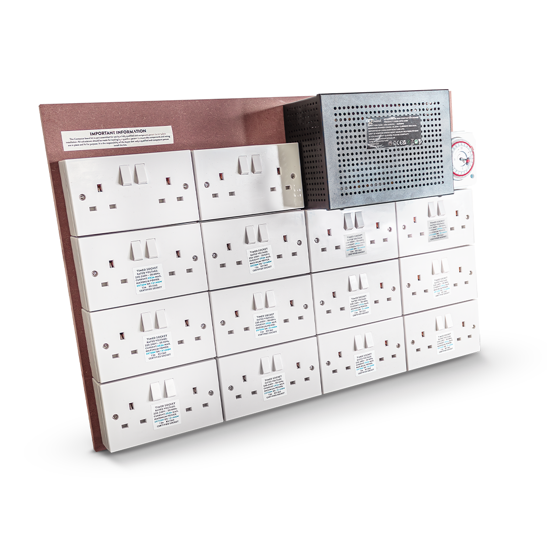 Angled contactor board with white socket modules and analog timer dial