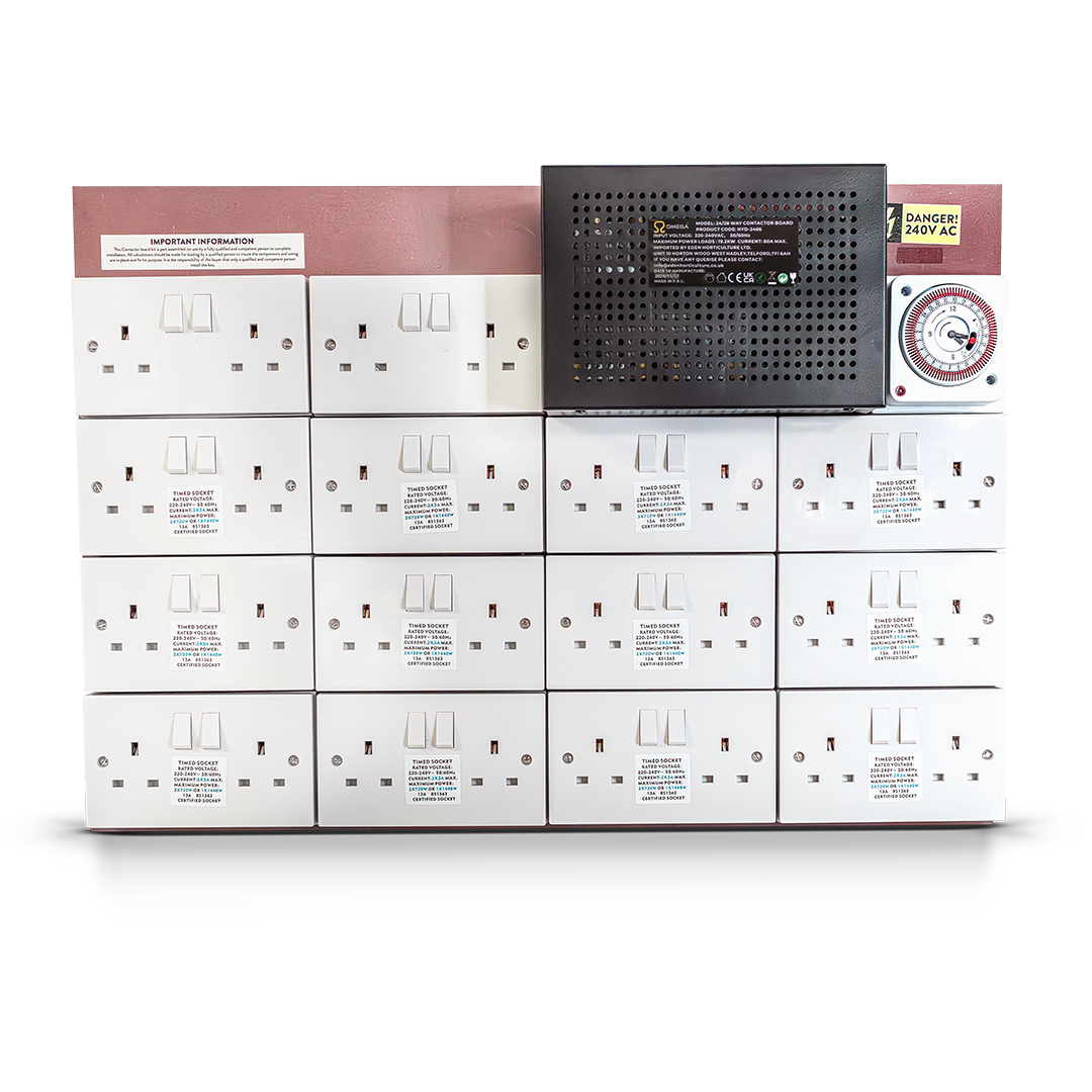 Front view of contactor board with multiple white socket modules and timer dial