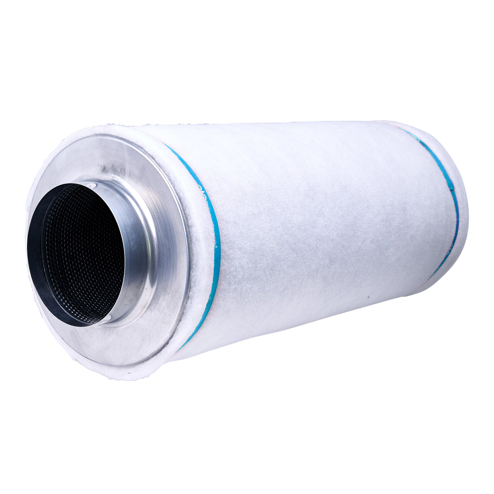 Carbon filter cartridge with metal inlet rim and black mesh face, blue seal