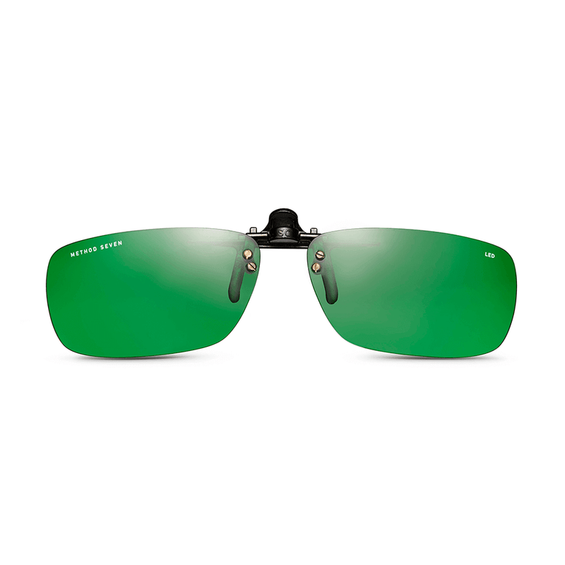 Black LED sunglasses with green mirrored lenses, front view