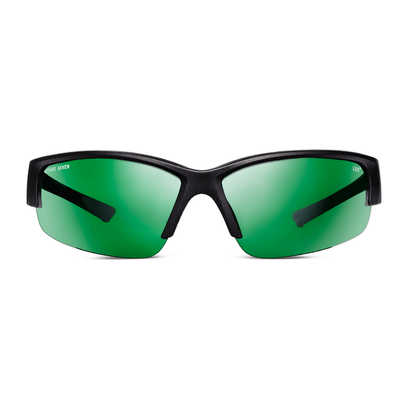 Black LED sunglasses with green tinted lenses and side LED markers