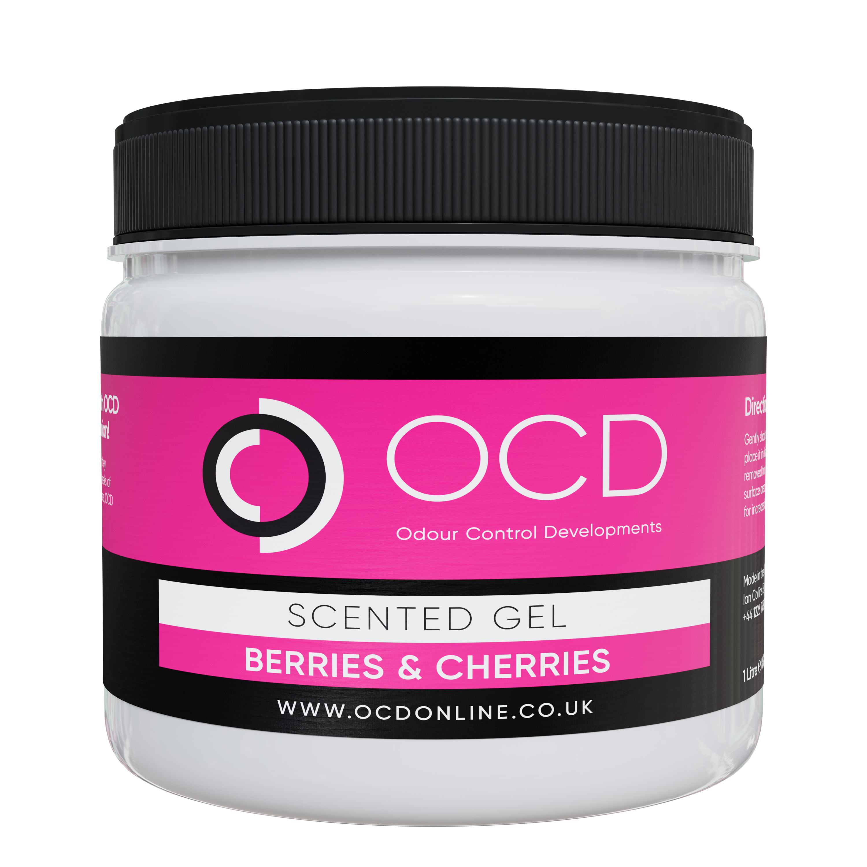 Black-lidded scented gel jar, Berries & Cherries label on pink