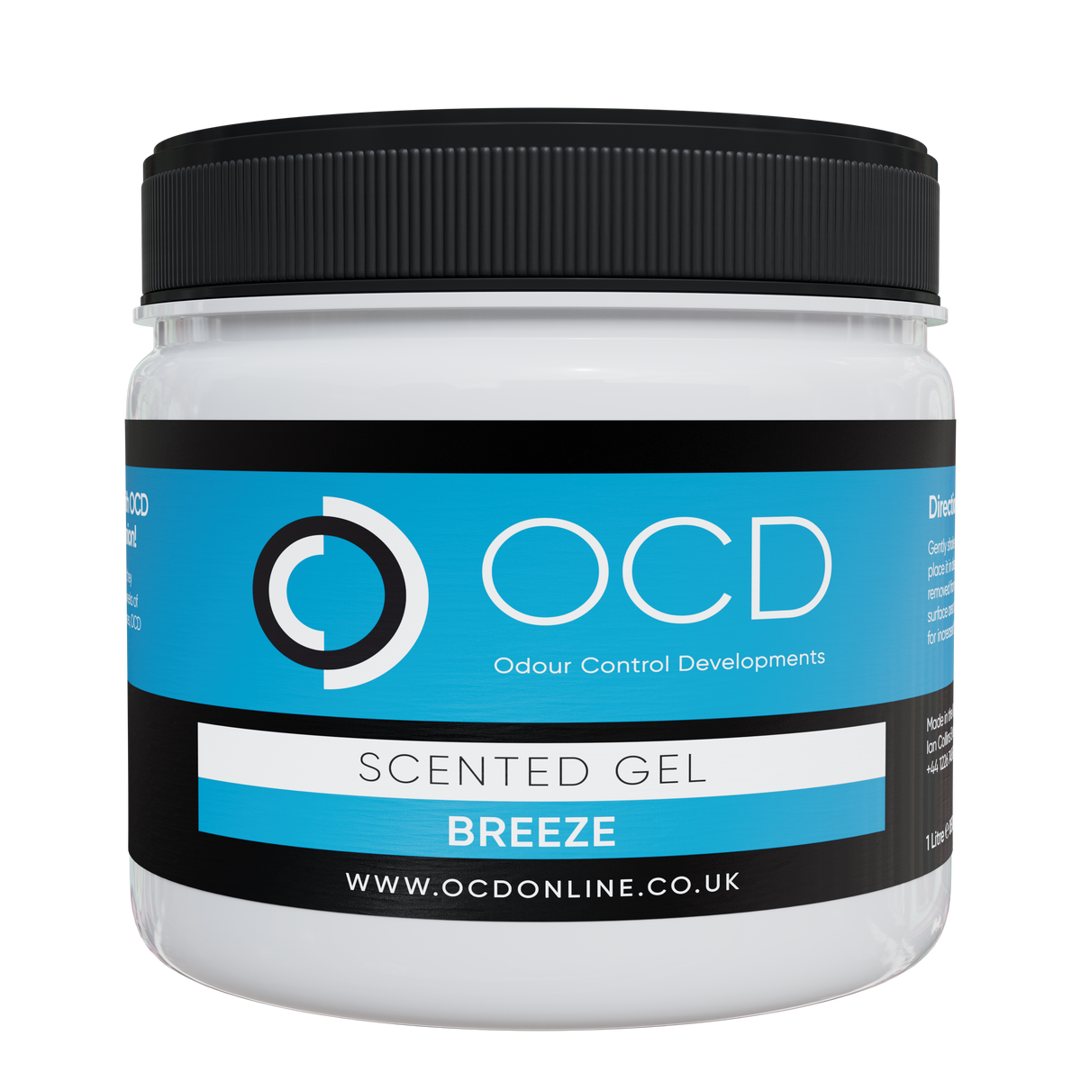 Black-lidded scented gel jar, Breeze label on blue