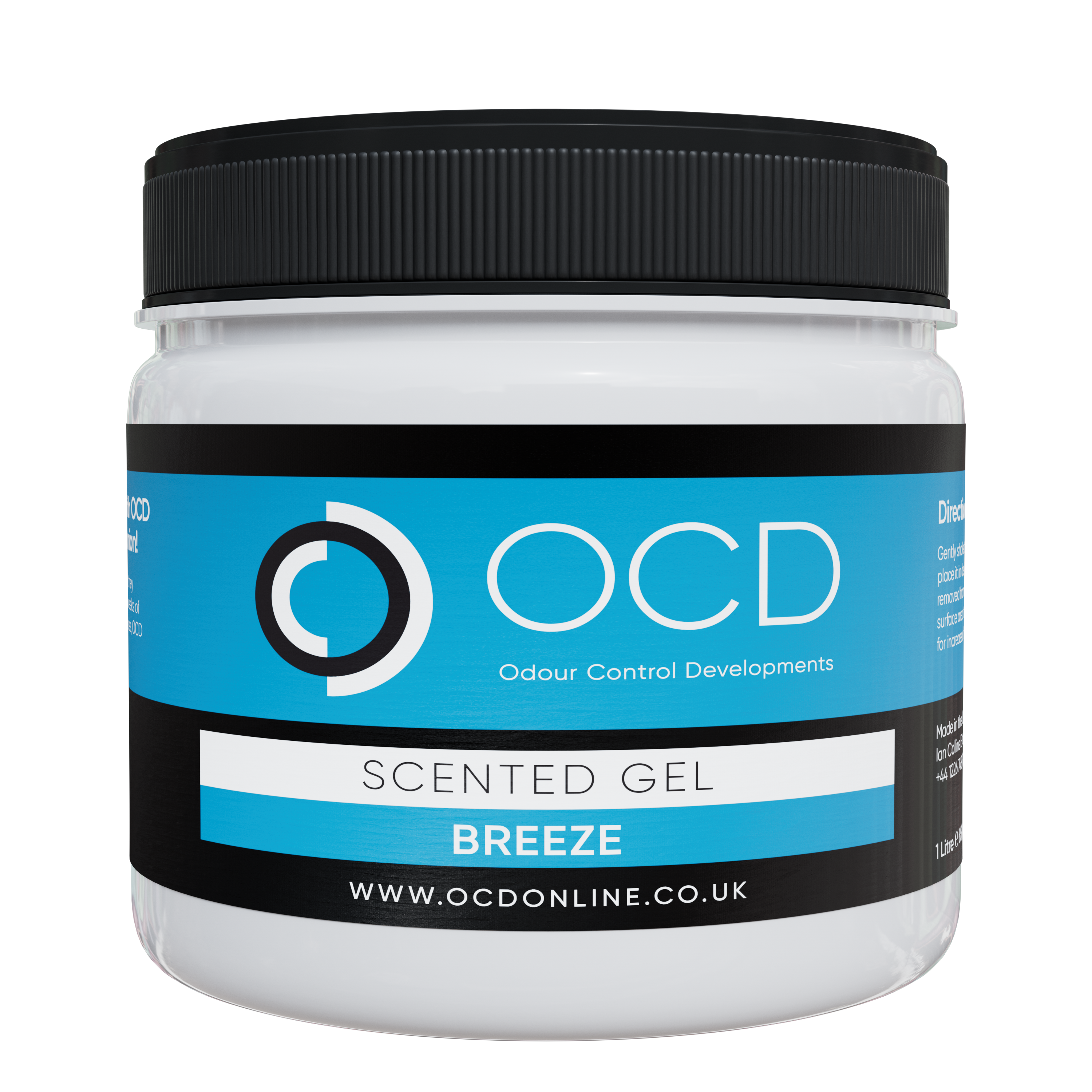 Black-lidded scented gel jar, Breeze label on blue