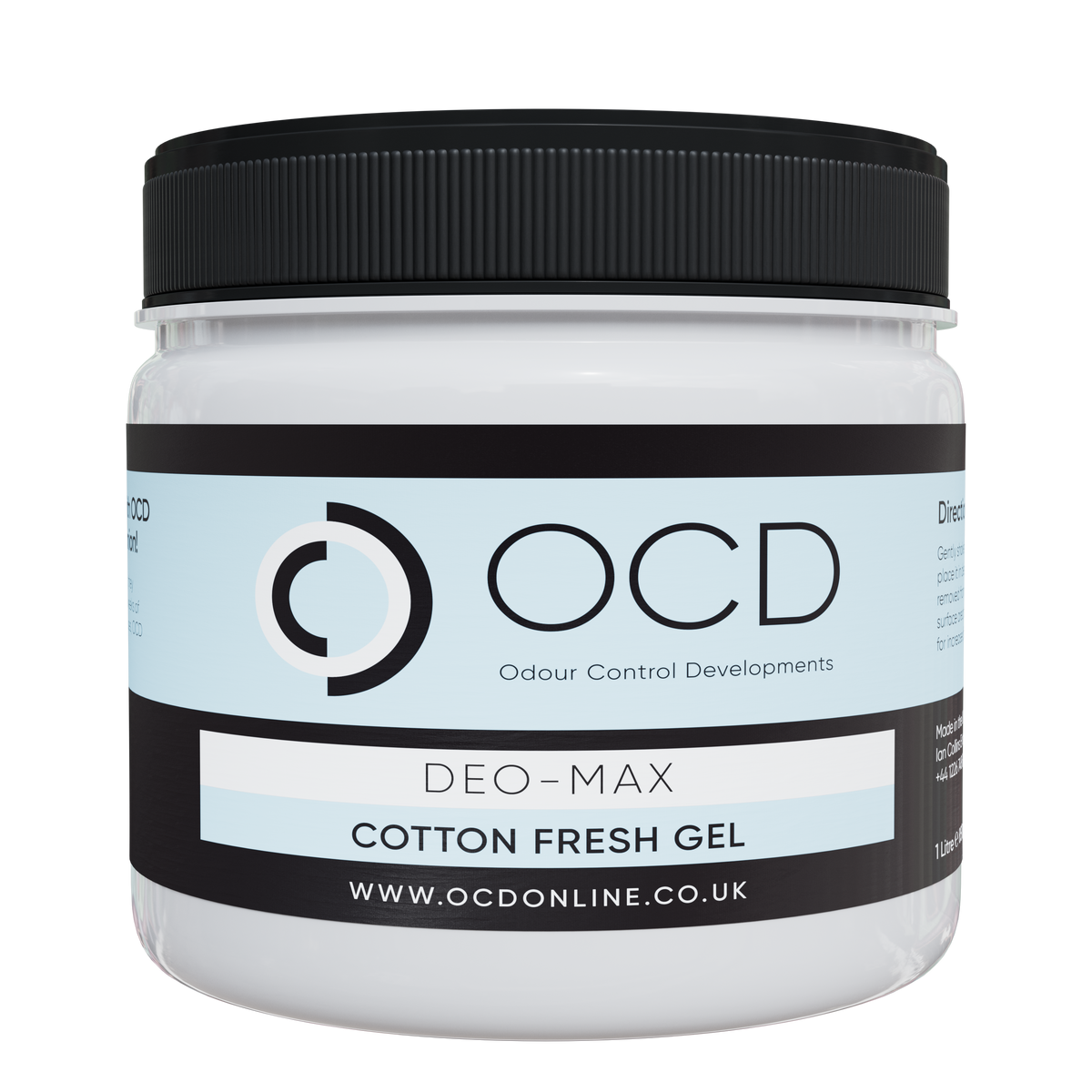 Black-lidded scented gel jar, De-O-Max Cotton Fresh Gel label on gray