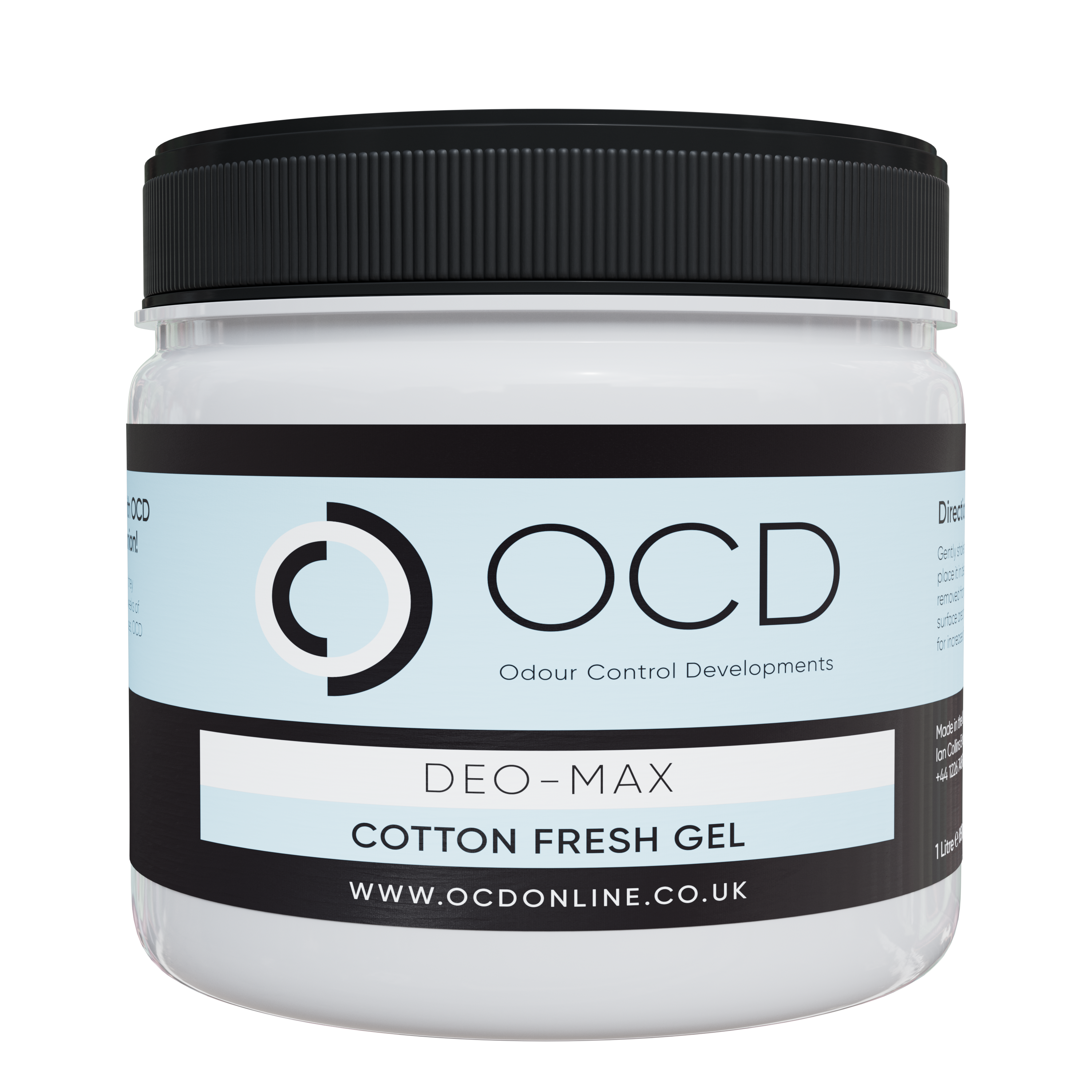 Black-lidded scented gel jar, De-O-Max Cotton Fresh Gel label on gray