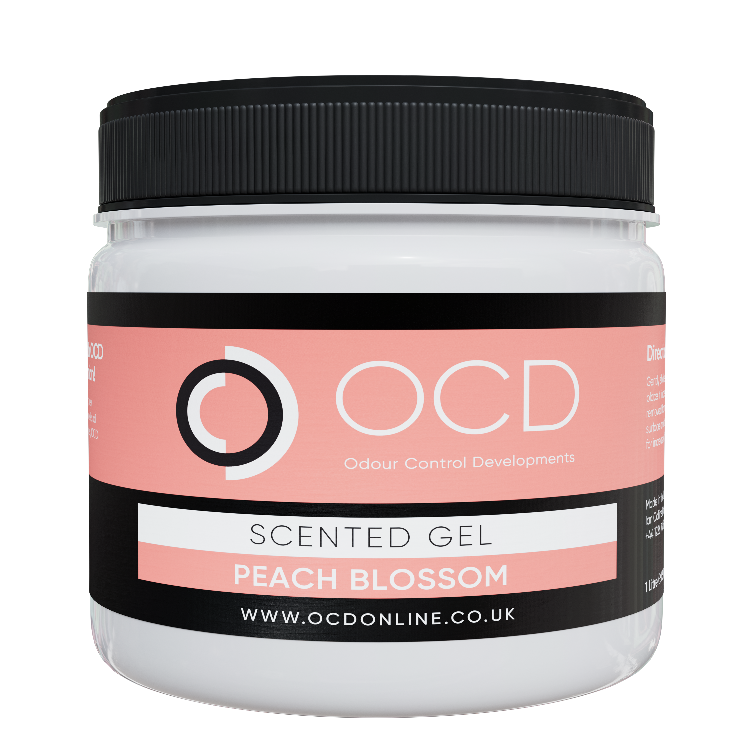 Black-lidded scented gel jar, Peach Blossom label on coral-pink