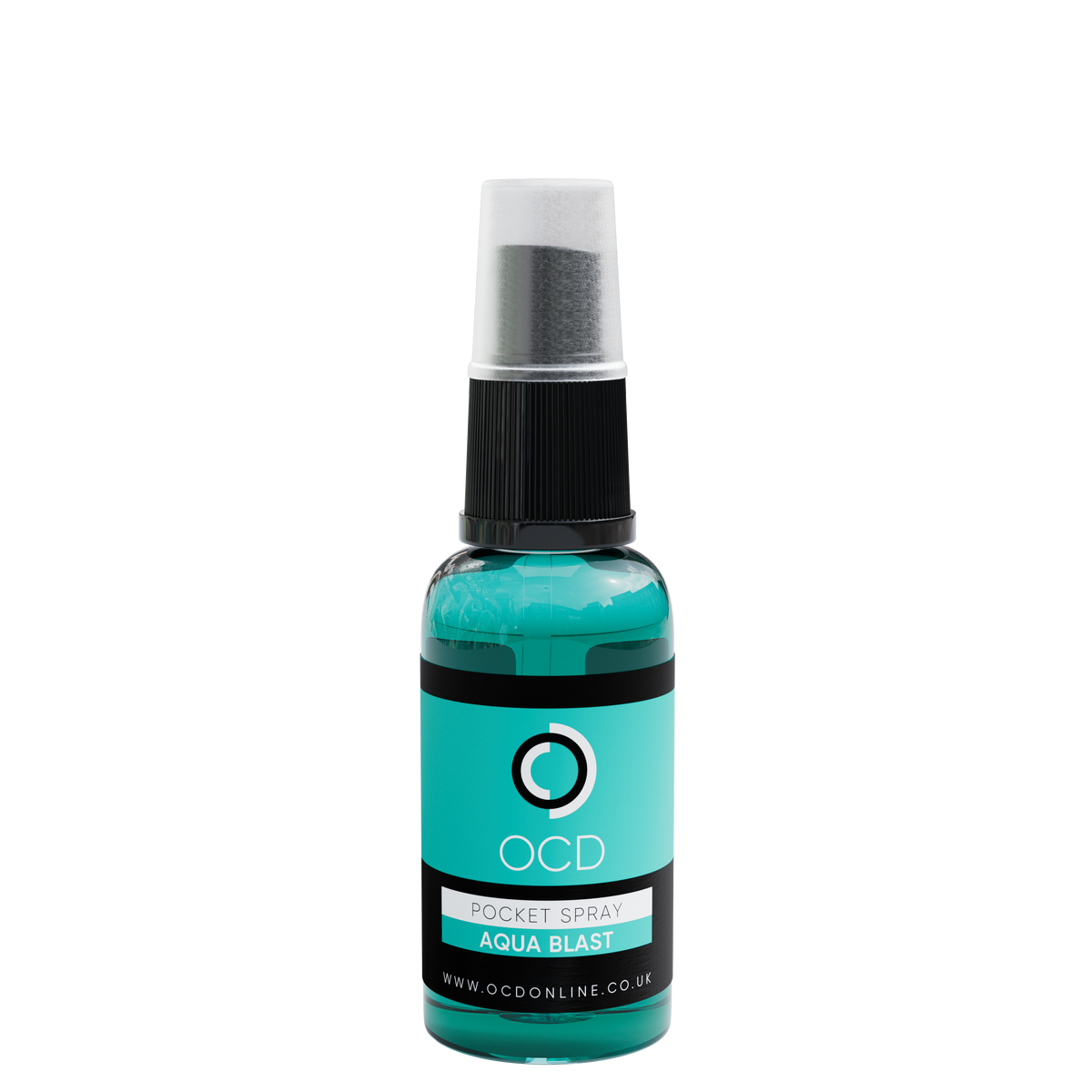 Pocket spray bottle, Aqua Blast teal liquid with black cap and silver mist top