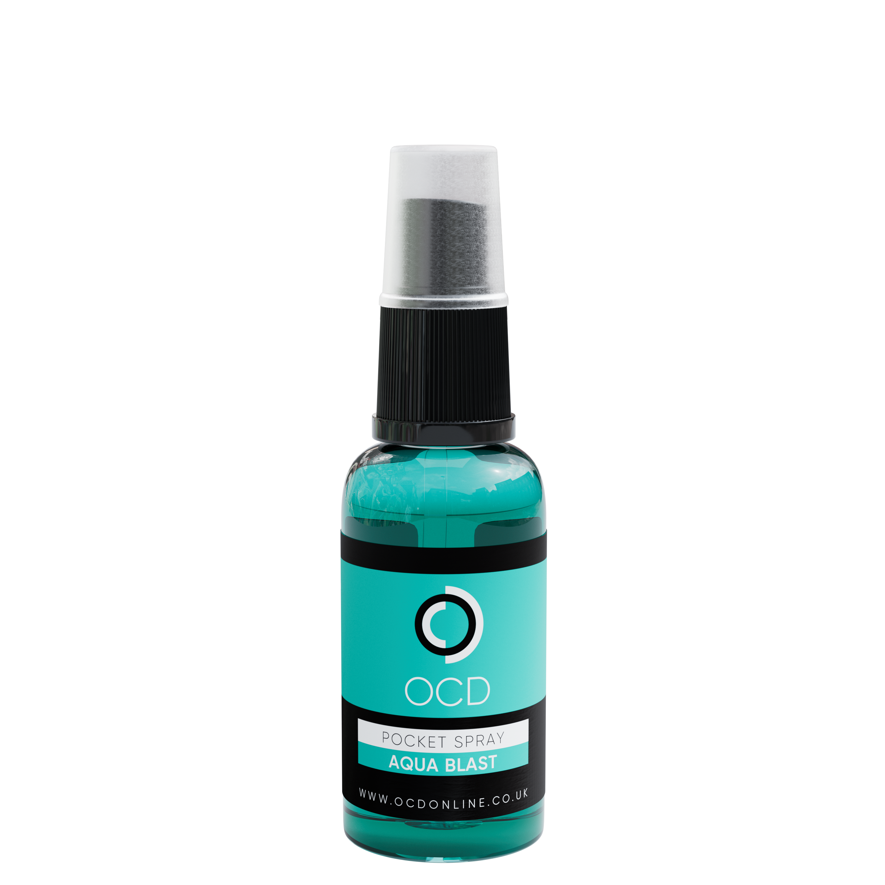 Pocket spray bottle, Aqua Blast teal liquid with black cap and silver mist top