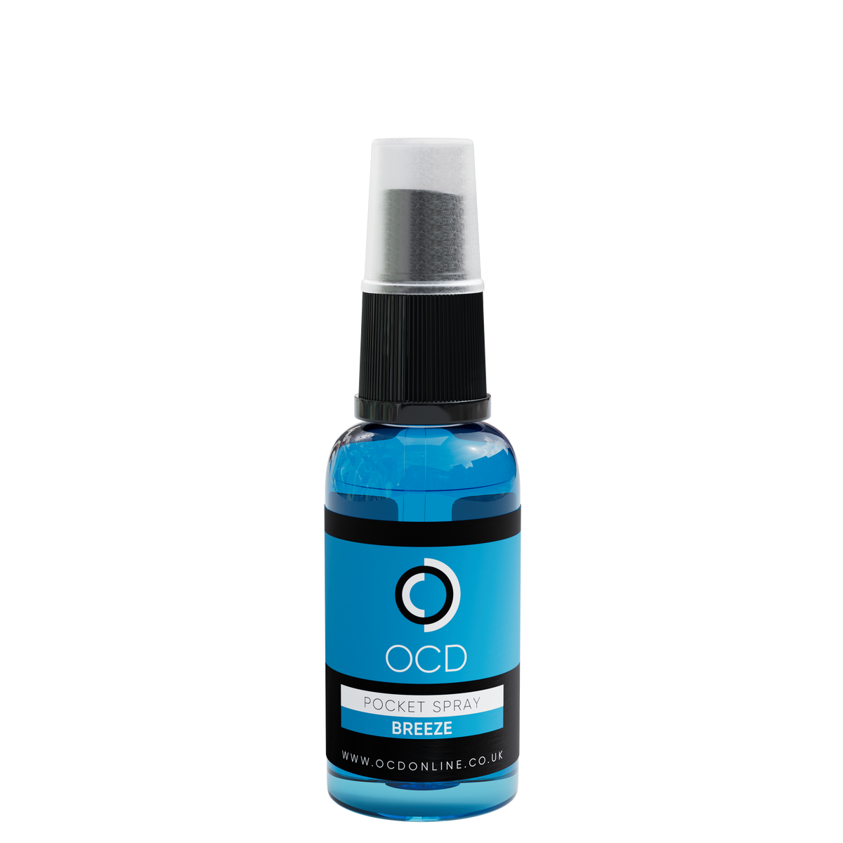 Pocket spray bottle, Breeze blue liquid with black cap and silver mist top