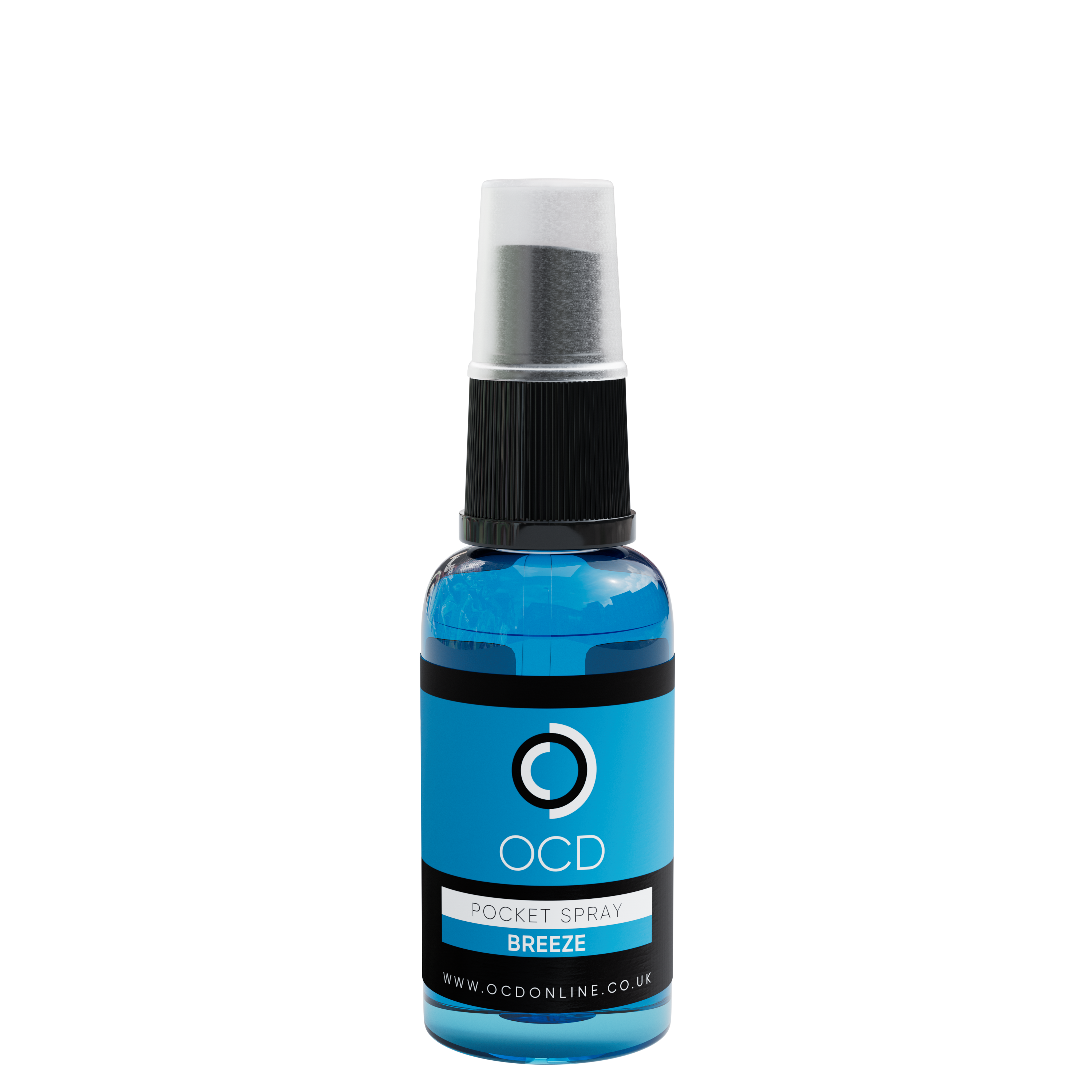 Pocket spray bottle, Breeze blue liquid with black cap and silver mist top