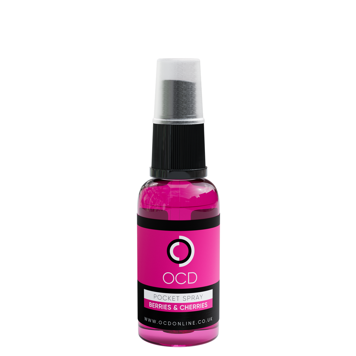 Pocket spray bottle, Berries & Cherries magenta liquid with black cap and silver mist top