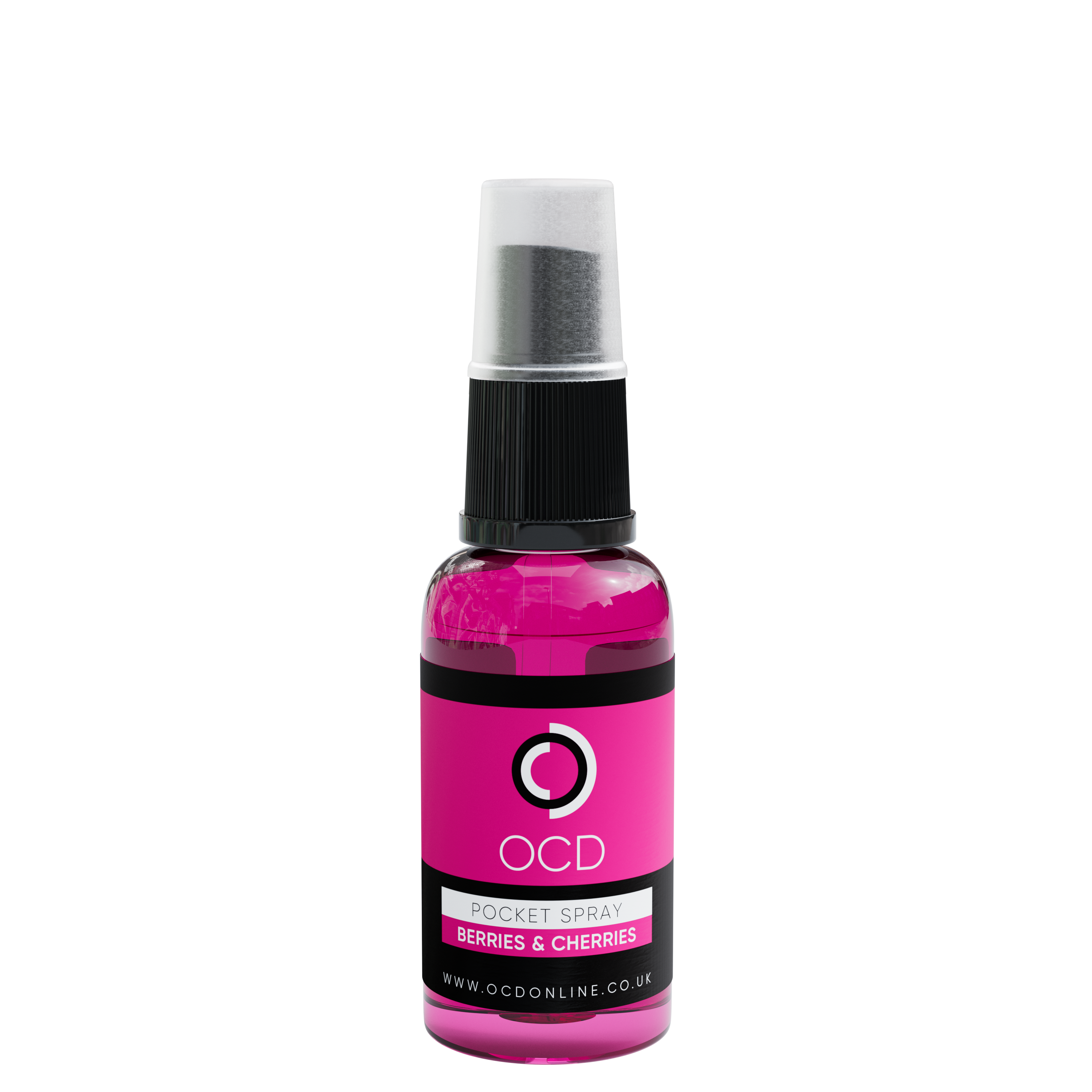 Pocket spray bottle, Berries & Cherries magenta liquid with black cap and silver mist top
