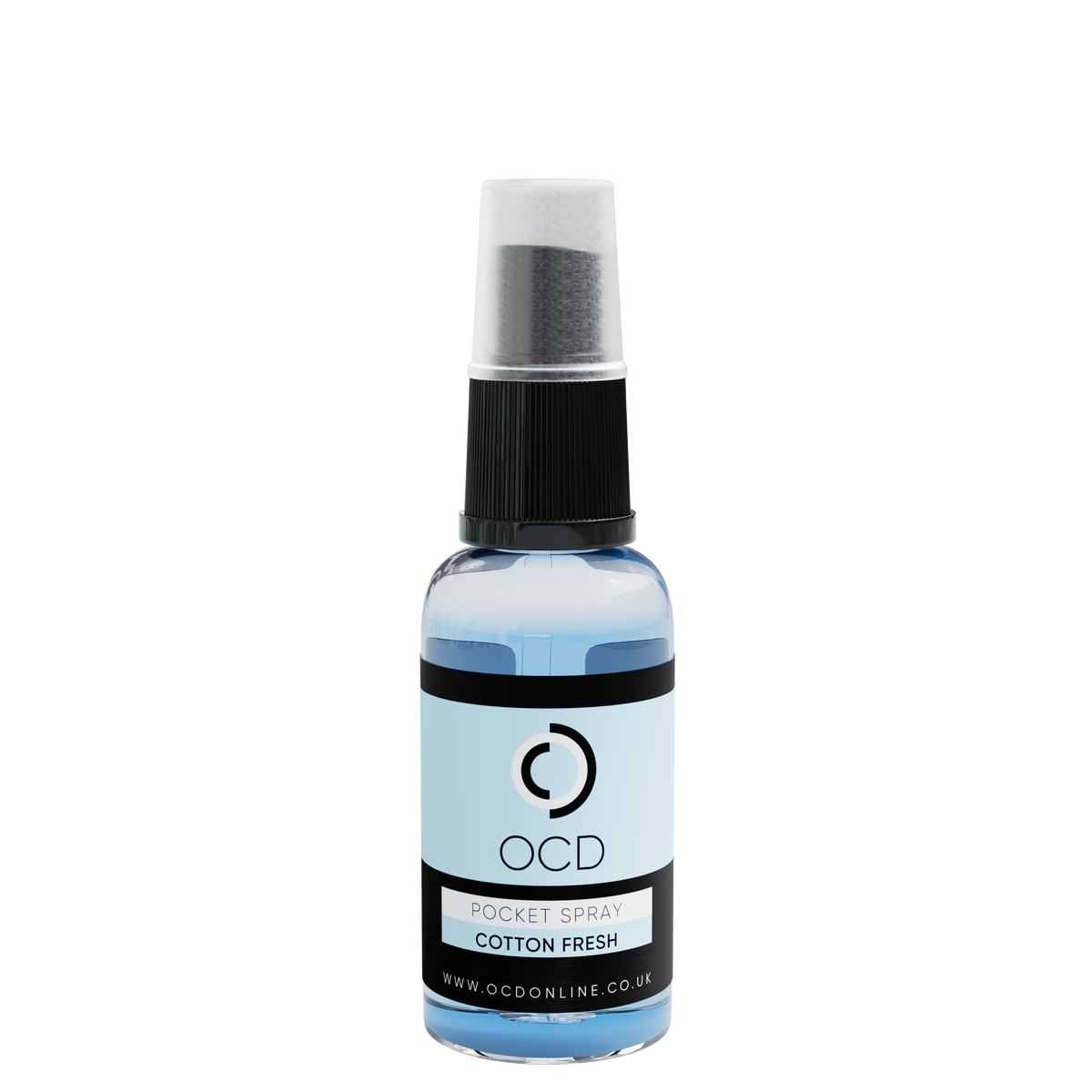 Pocket spray bottle, Cotton Fresh light blue liquid with black cap and silver mist top