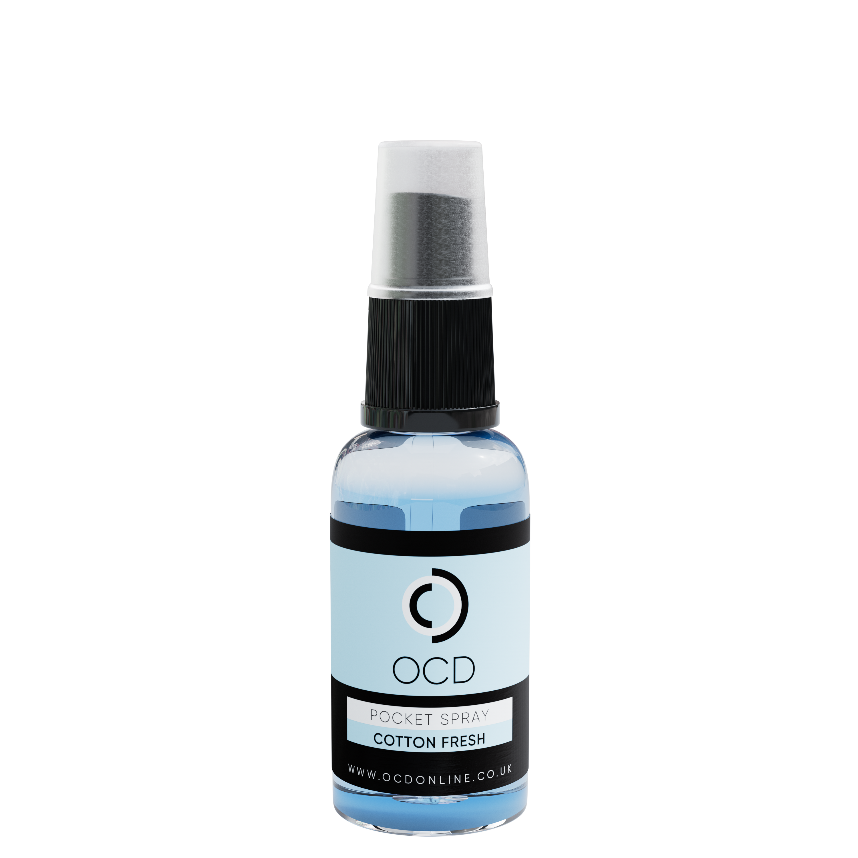 Pocket spray bottle, Cotton Fresh light blue liquid with black cap and silver mist top