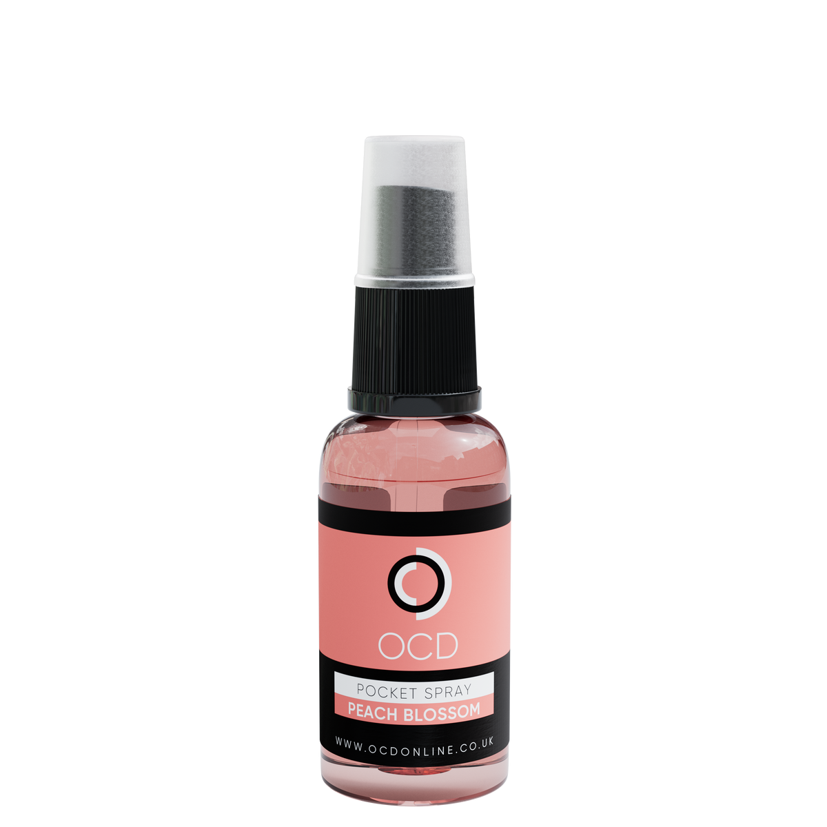 Pocket spray bottle, Peach Blossom pink liquid with black cap and silver mist top