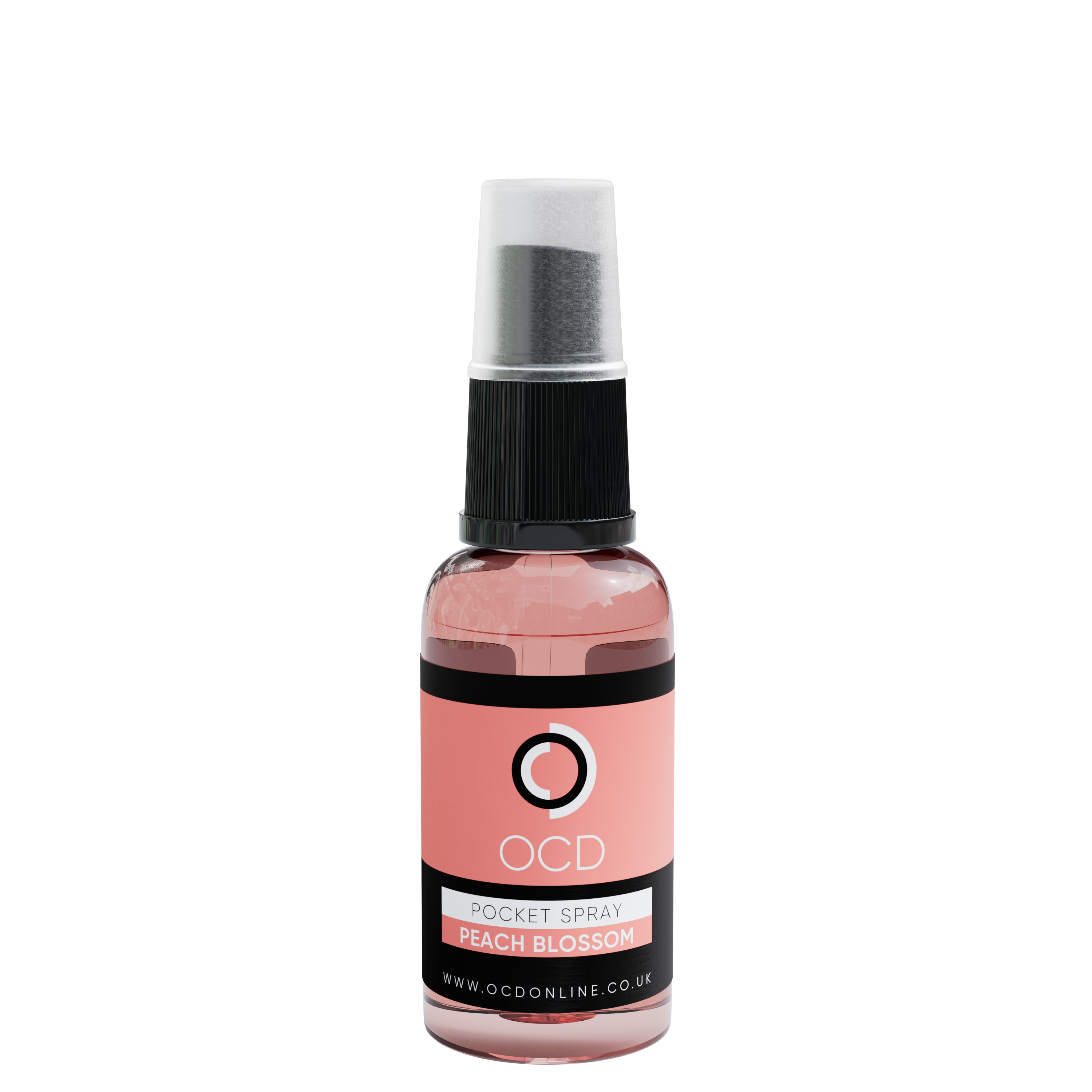 Pocket spray bottle, Peach Blossom pink liquid with black cap and silver mist top