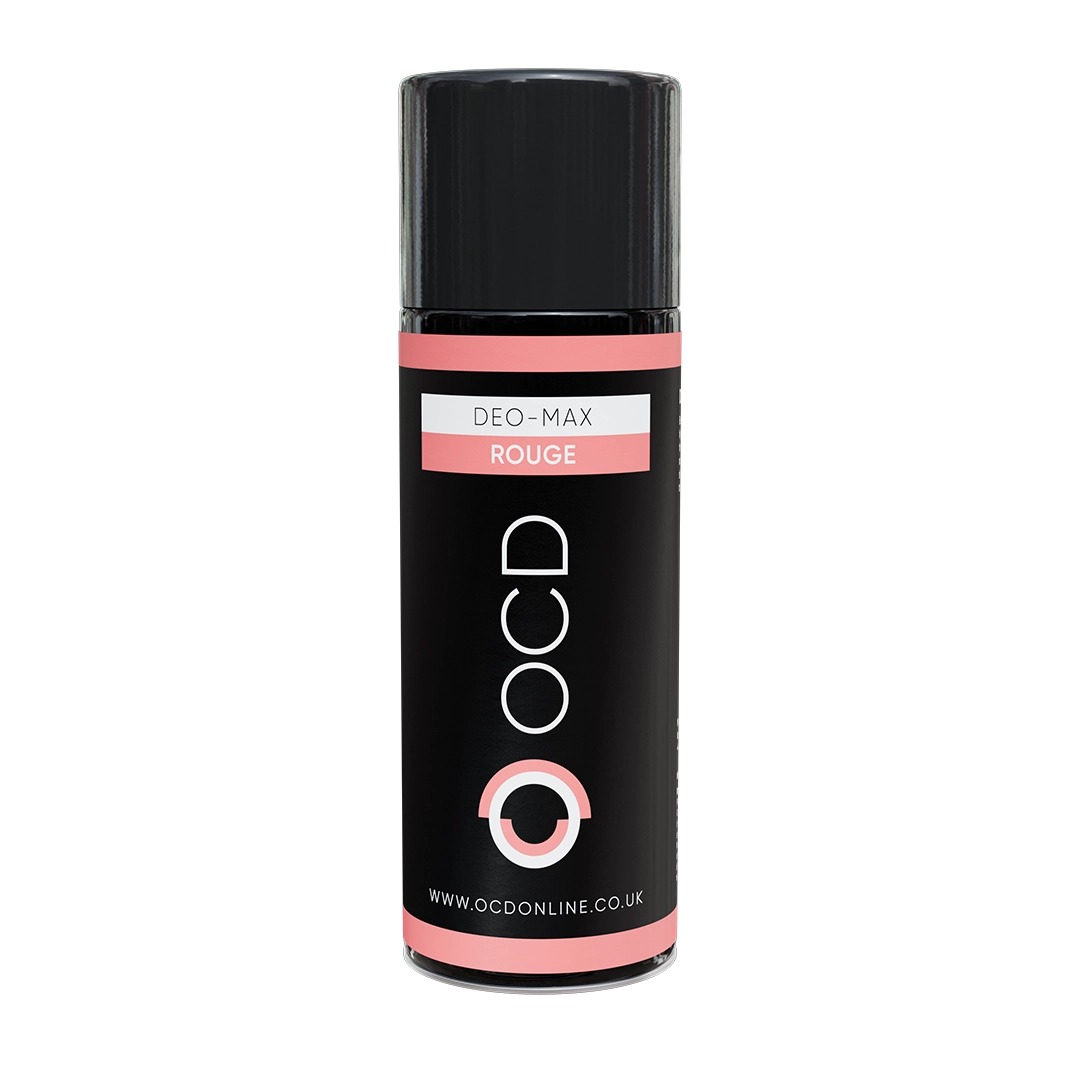 OCD Deomax aerosol deodorant spray labeled Rouge with rose-pink band