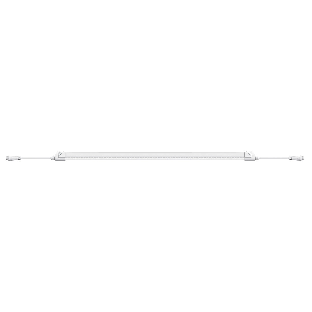 LED grow light tube with white end caps and cable connectors, side profile