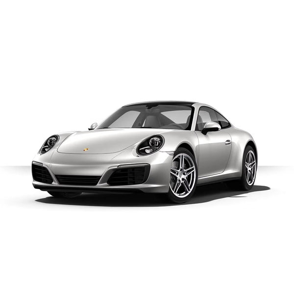 Silver Porsche 911 sports car with front three-quarter view and alloy wheels