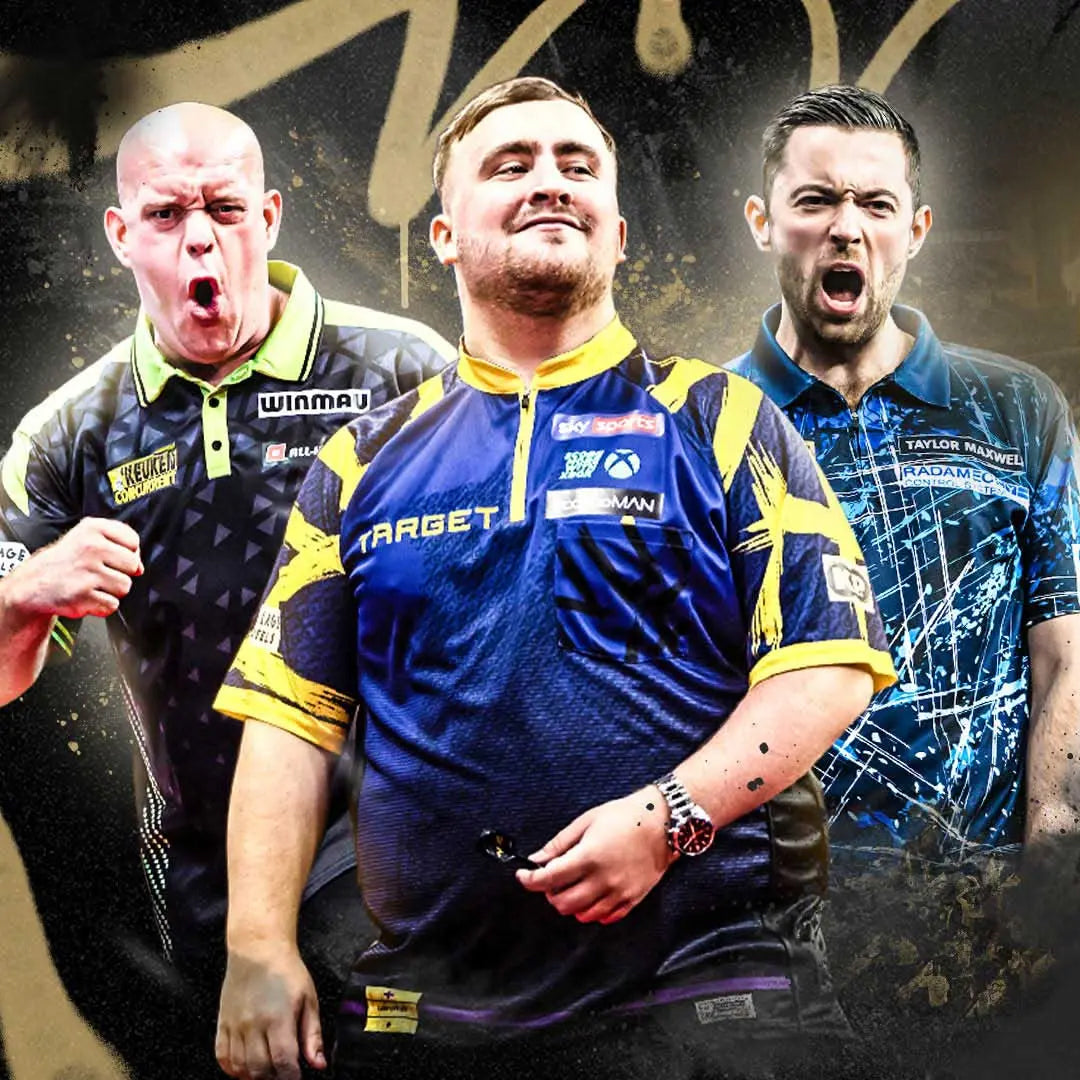 Three darts players in blue and yellow team shirts