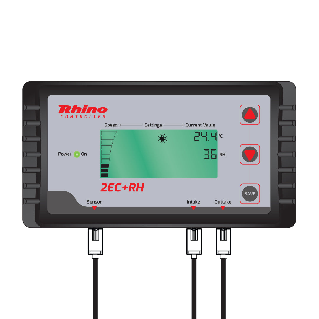 RHINO fan controller showing 2EC+RH on digital display with power/sensor indicators