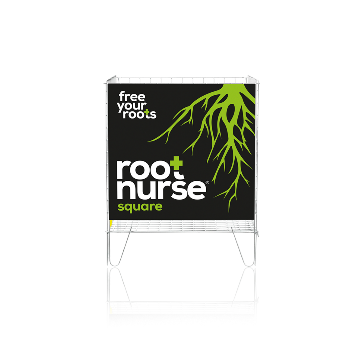Root Nurse dump bin display with 3-tier shelves, black panel with green root graphic