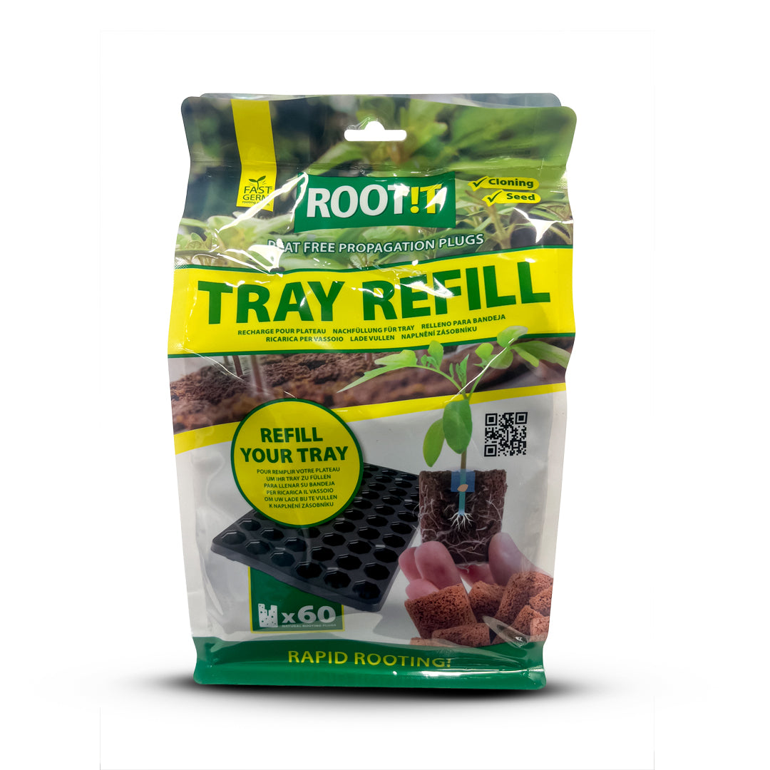 Root!t tray refill bag with 60 rooting plugs, green/yellow pouch packaging
