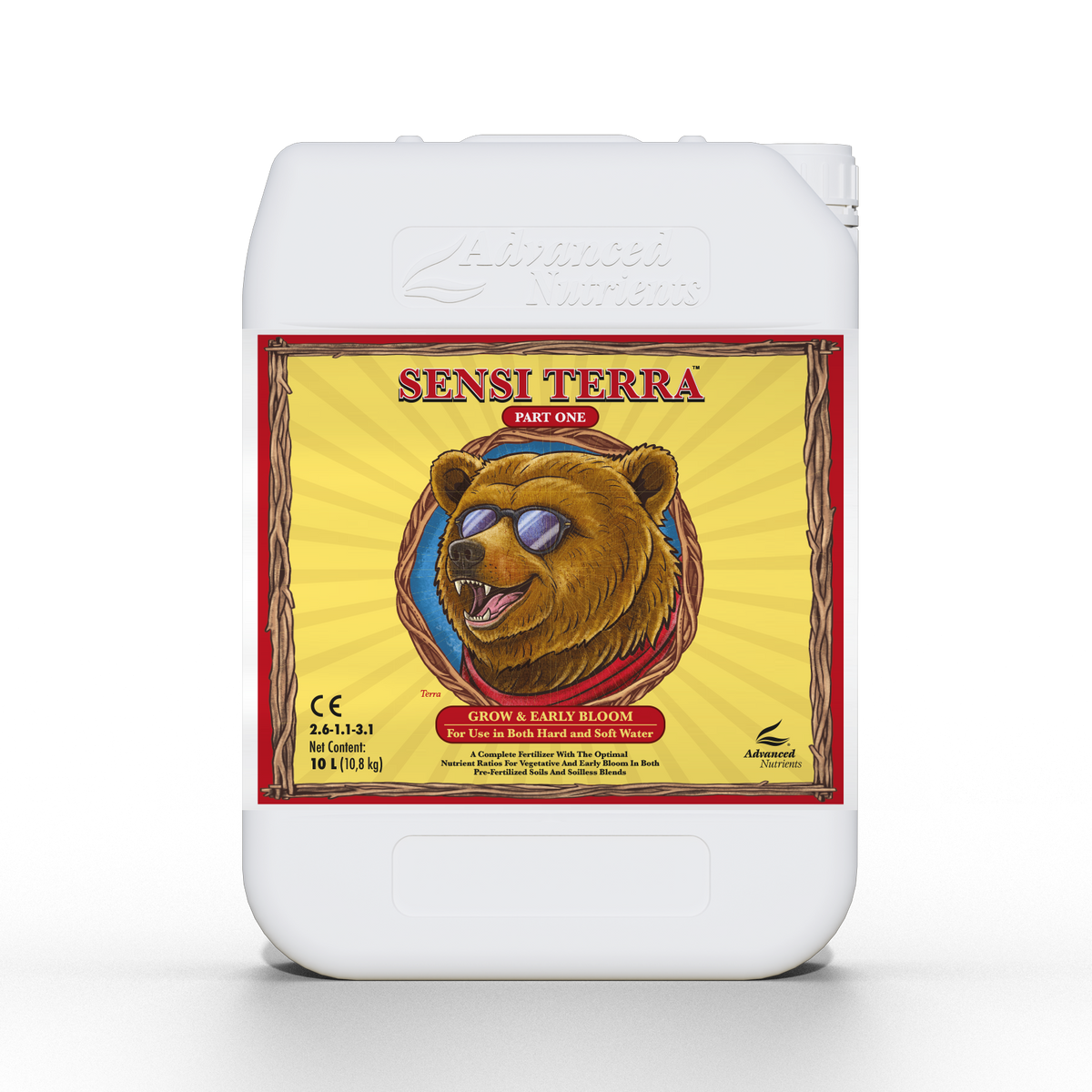 White nutrient bottle with bear graphic label, SENSI TERRA Part One