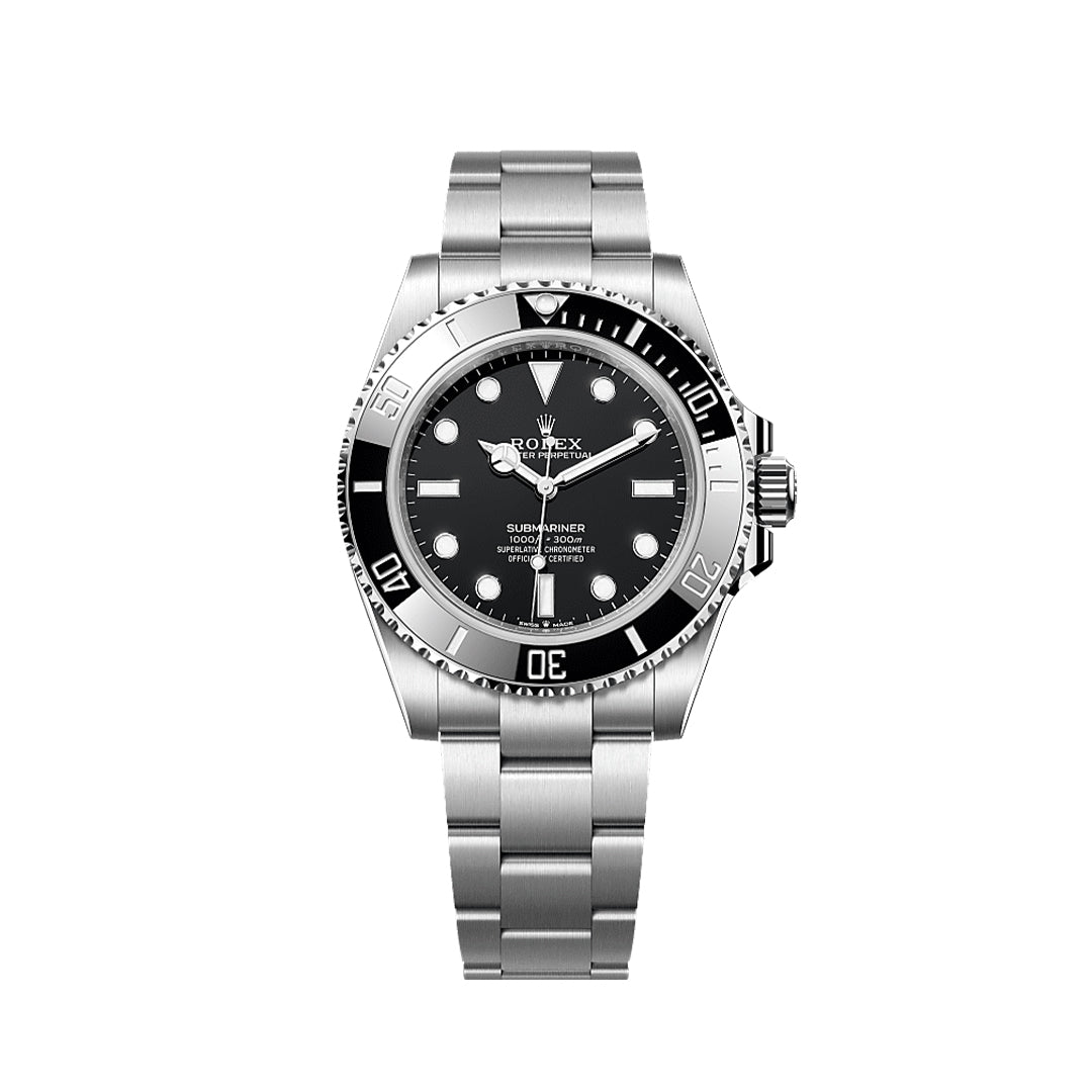 Stainless steel Rolex Submariner watch with black dial and rotating bezel, metal bracelet