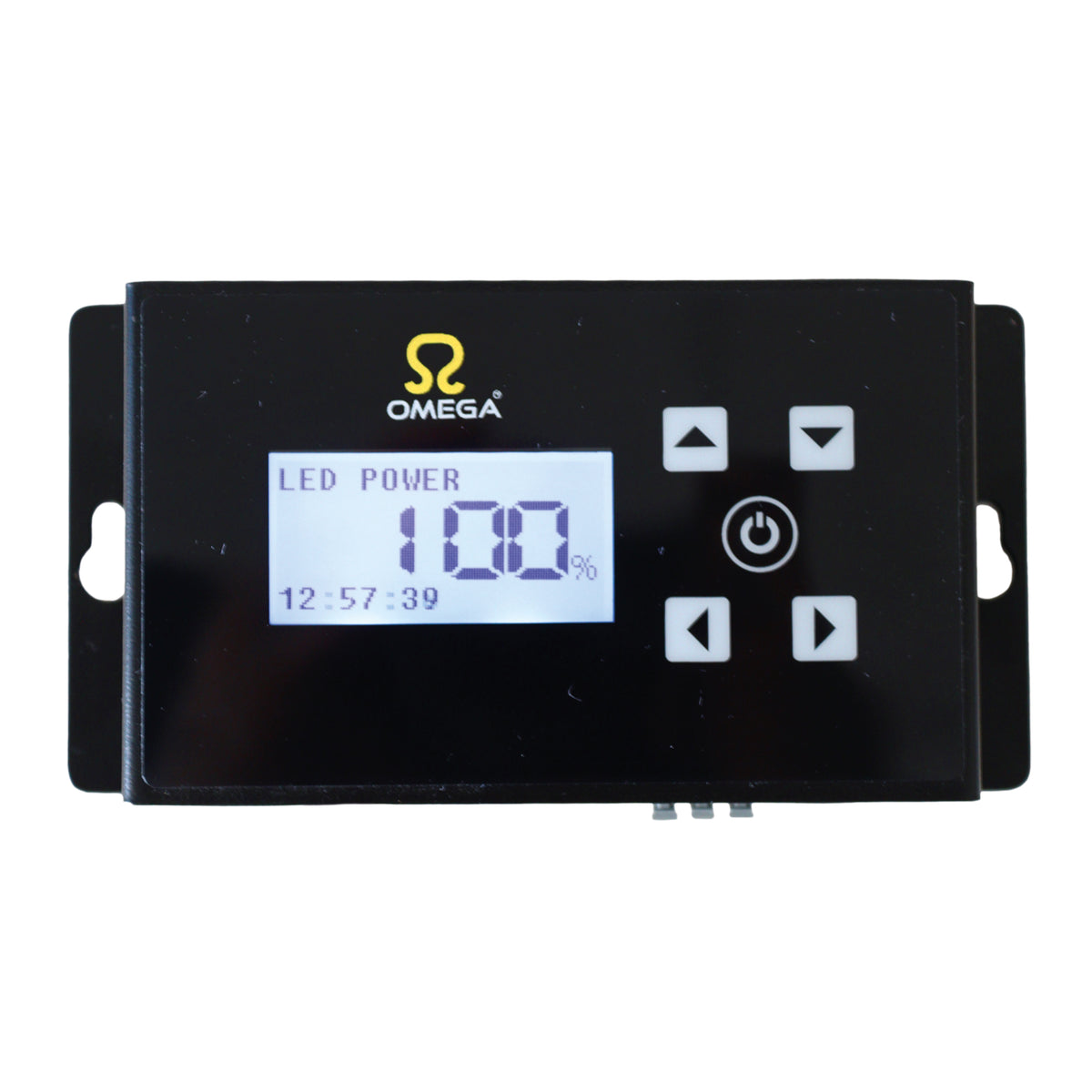 Black lighting controller with LED POWER display, buttons, and Omega logo