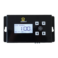 Black lighting controller with LED POWER display, buttons, and Omega logo
