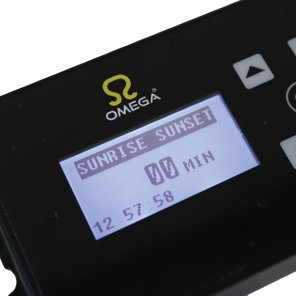Black lighting controller screen showing SUNRISE SUNSET and time, Omega logo