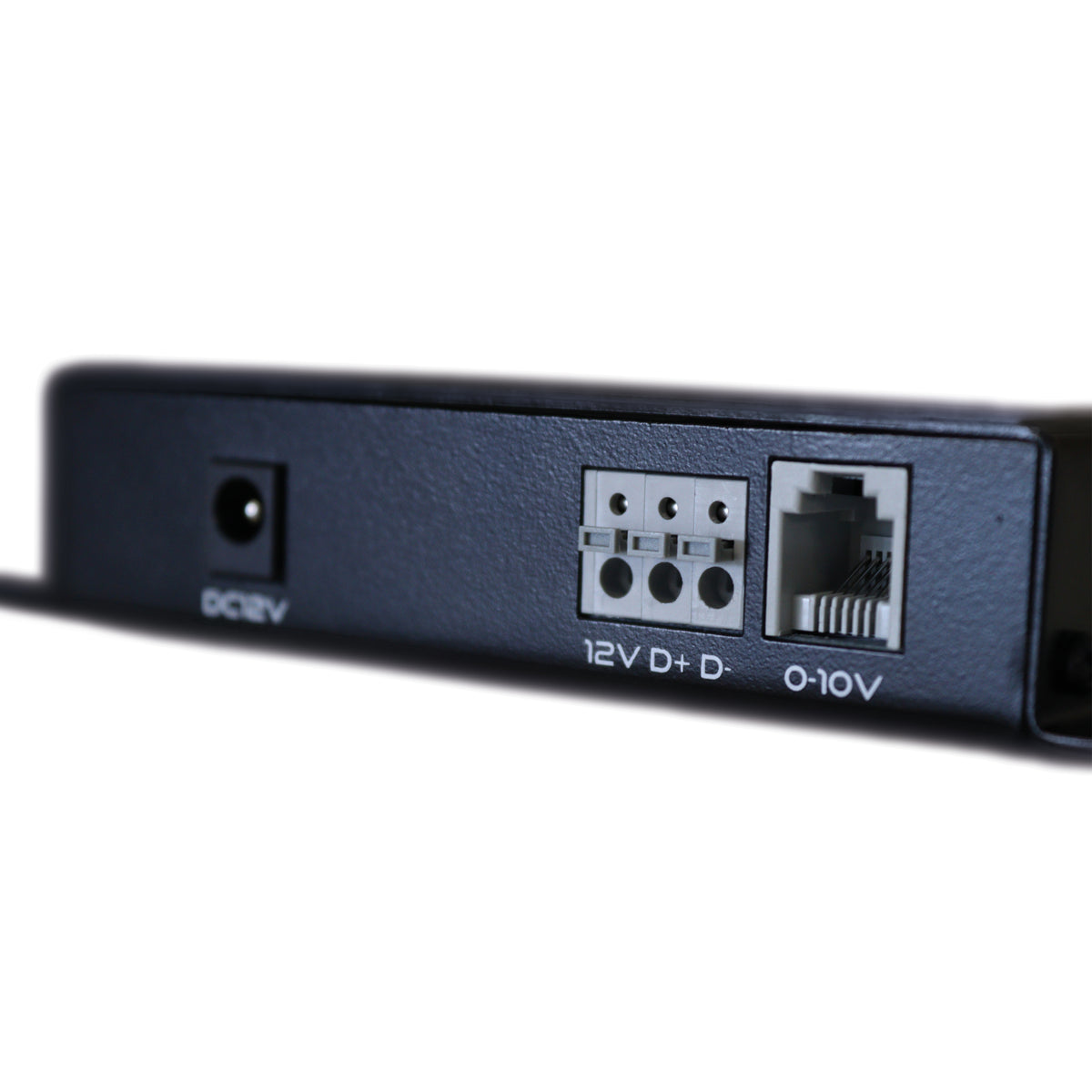 Black lighting controller ports with 12V and 0-10V labels