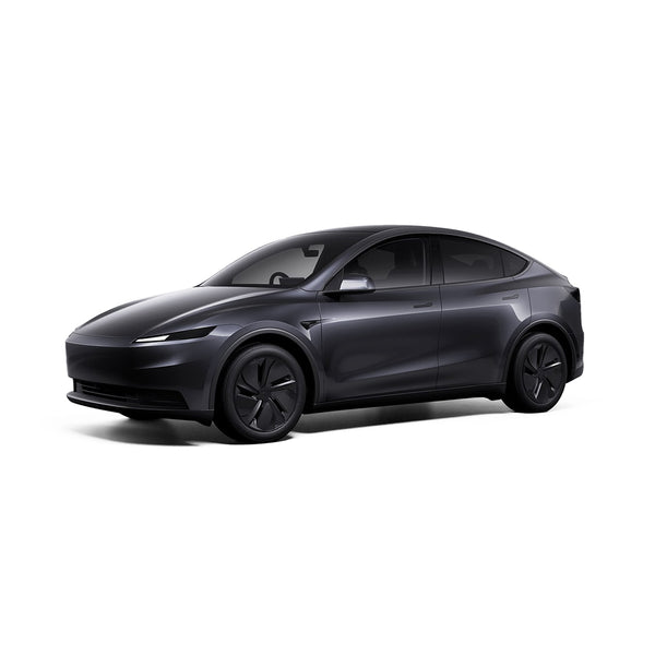 Tesla Model Y electric SUV, dark gray, front 3/4 view with alloy wheels