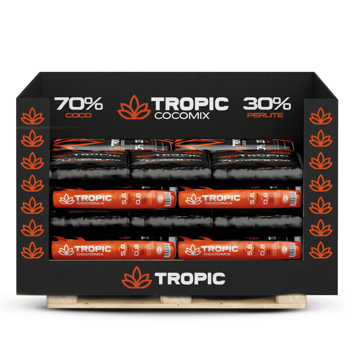 Black Tropic media pallet wrap POS display with orange labels and stacked plant nutrient packs