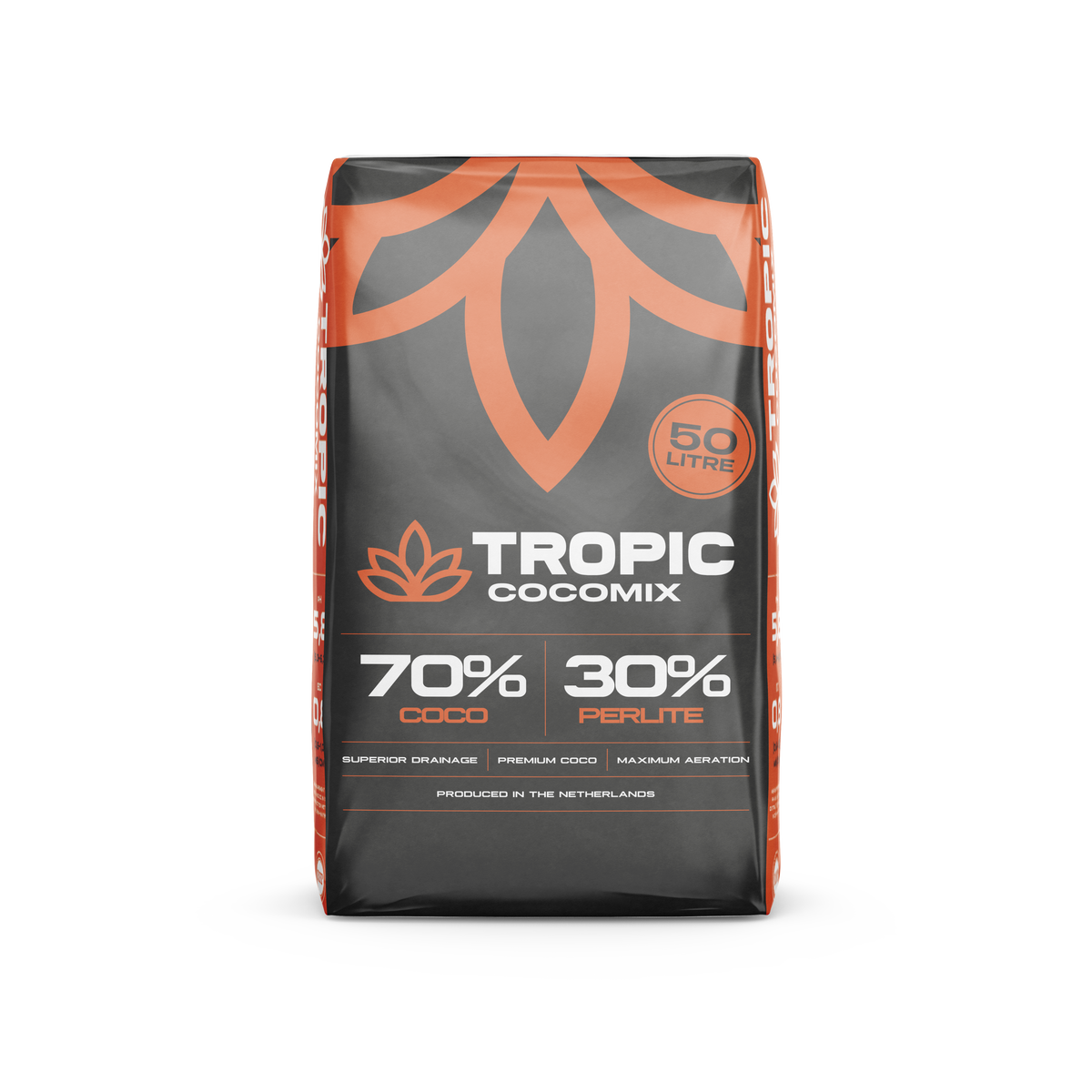 50L substrate bag with orange plant logo, 70% coco and 30% perlite text