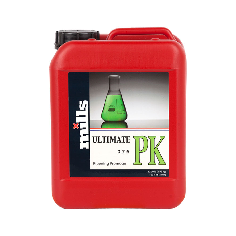 Red Mills Ultimate PK fertilizer jug with black cap and side handle