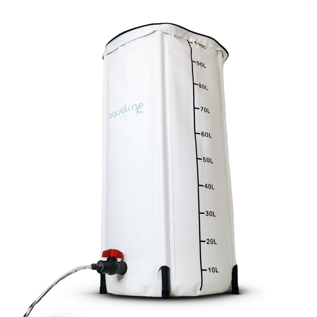 White collapsible water tank with 10L–100L level markings and base faucet valve
