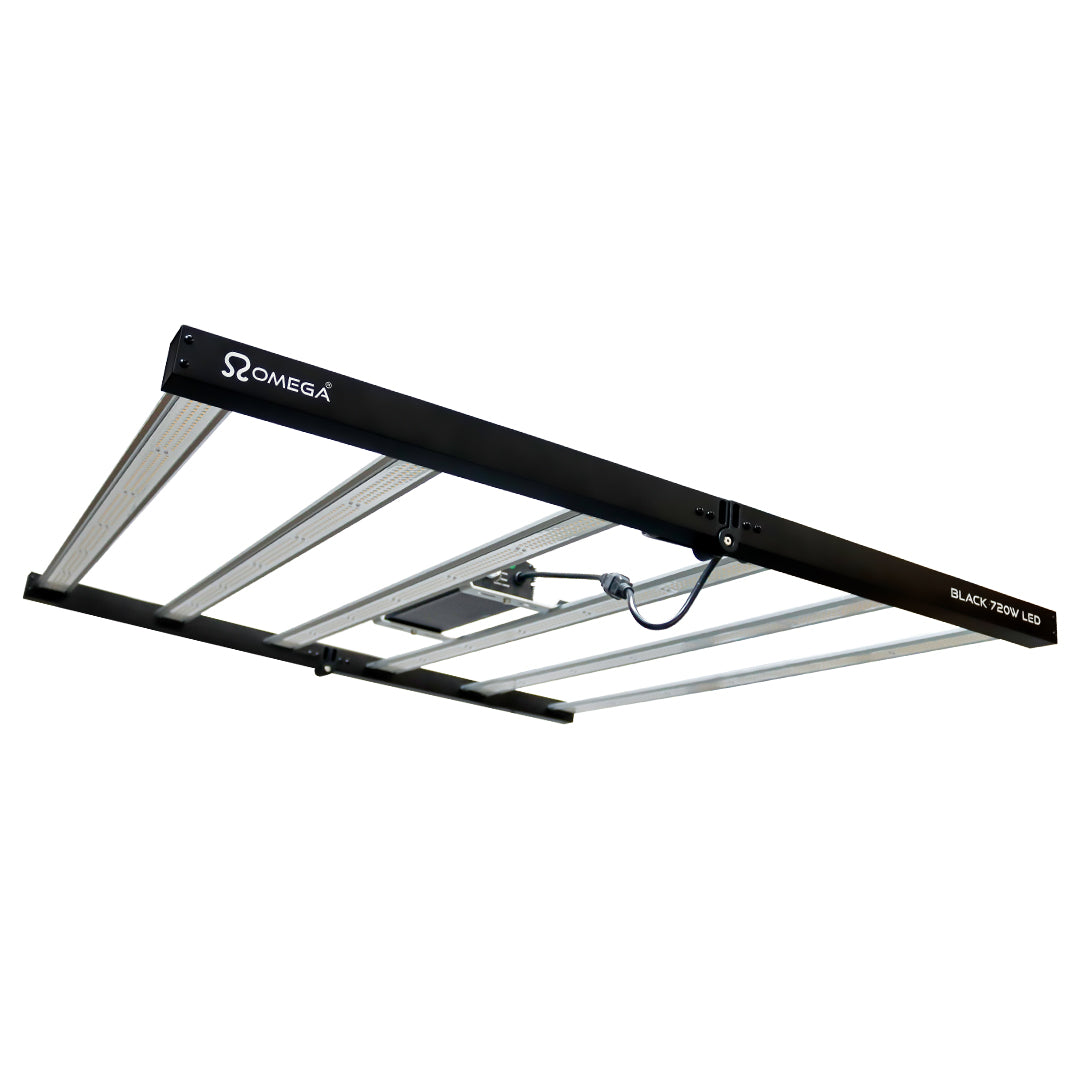 Black Omega 720W LED grow light fixture with mounting hooks and rectangular frame.