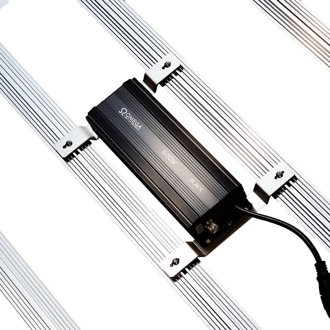 Black LED driver module mounted on a rail-style LED grow light system.