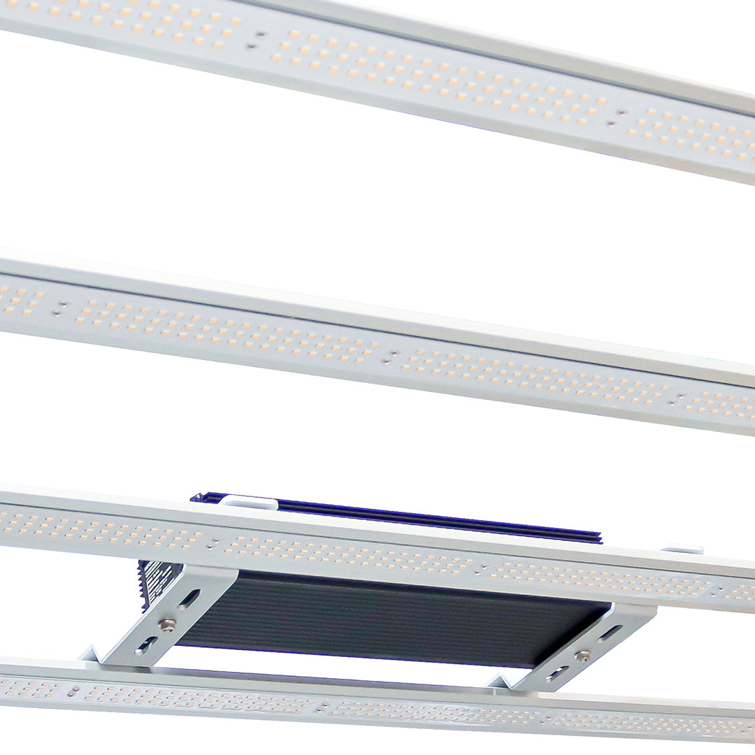 White LED grow light fixture with multiple LED rows under a metal frame.