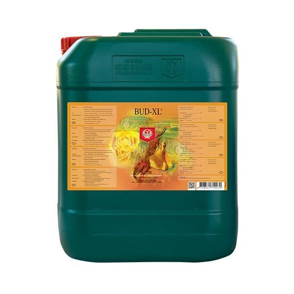 Green plastic jug back view with orange BUD-XL label and barcode