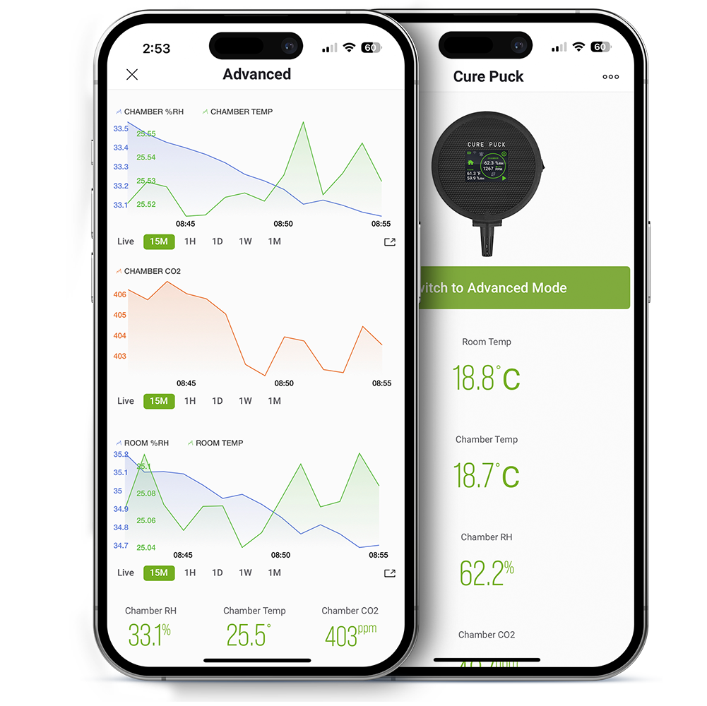 Smartphone app screen showing environmental sensor graphs and status readings