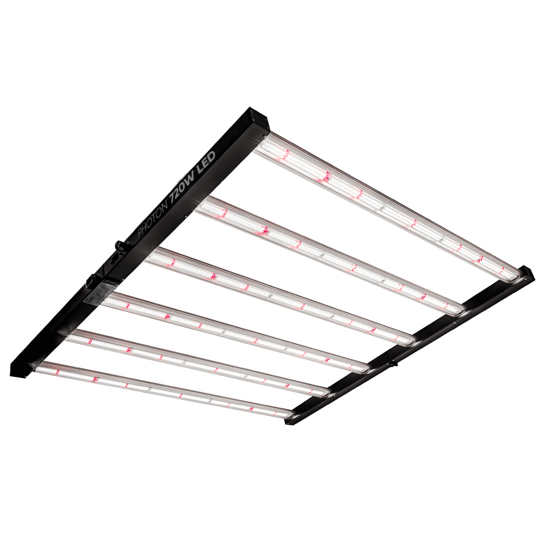 LED grow light fixture underside showing white LED bars with red lights