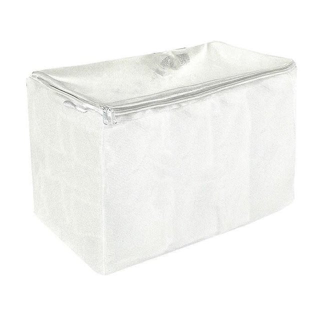White mesh filter bag with zipper top, rectangular tumbler bag